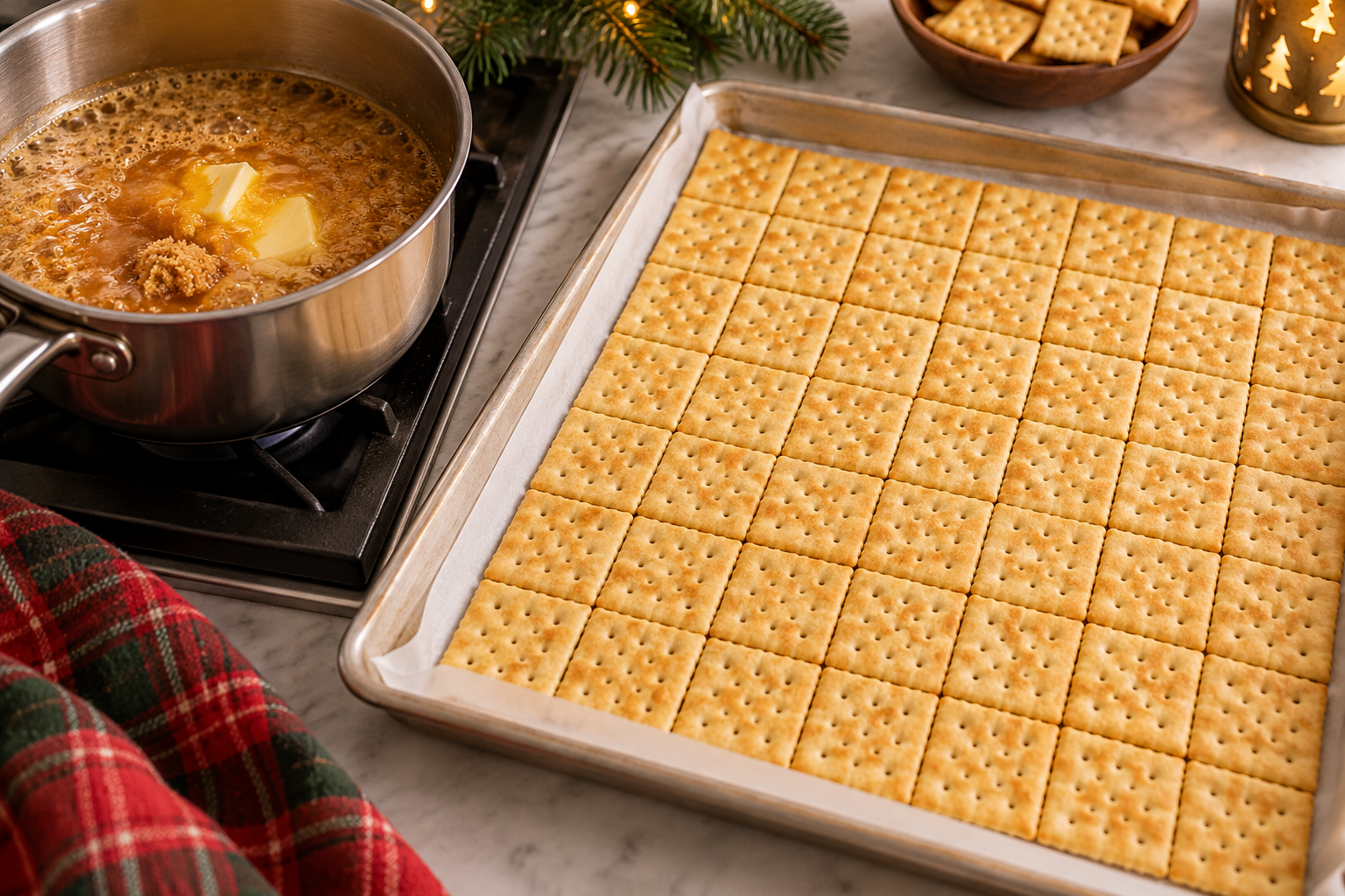 Saltine crackers arranged on a lined sheet pan for Christmas crack.