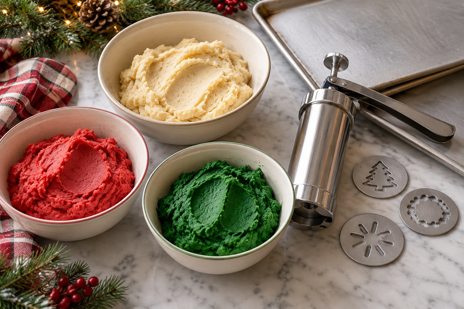 Spritz cookie dough divided into natural, red, and green portions beside a cookie press.