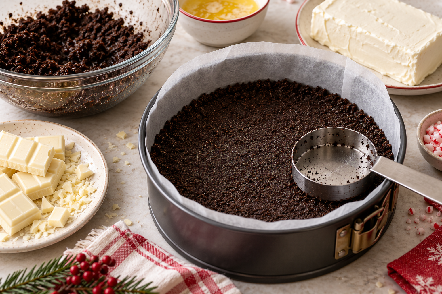 Chocolate cookie crust pressed into a springform pan for peppermint cheesecake.