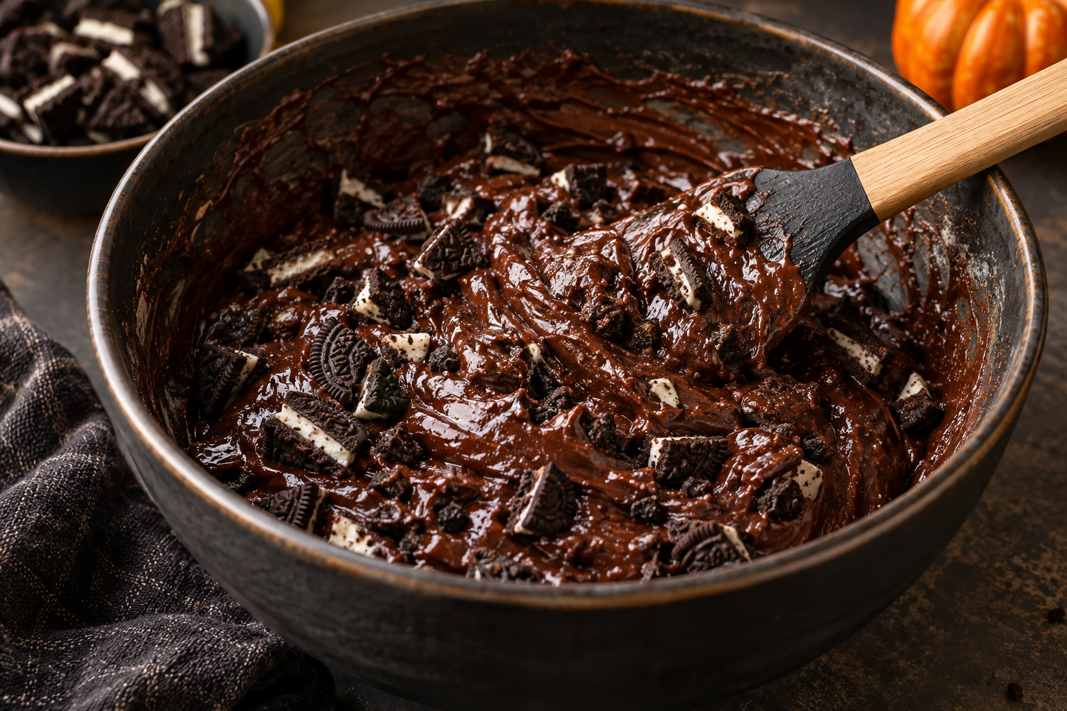 Chocolate brownie batter with chopped sandwich cookies folded through