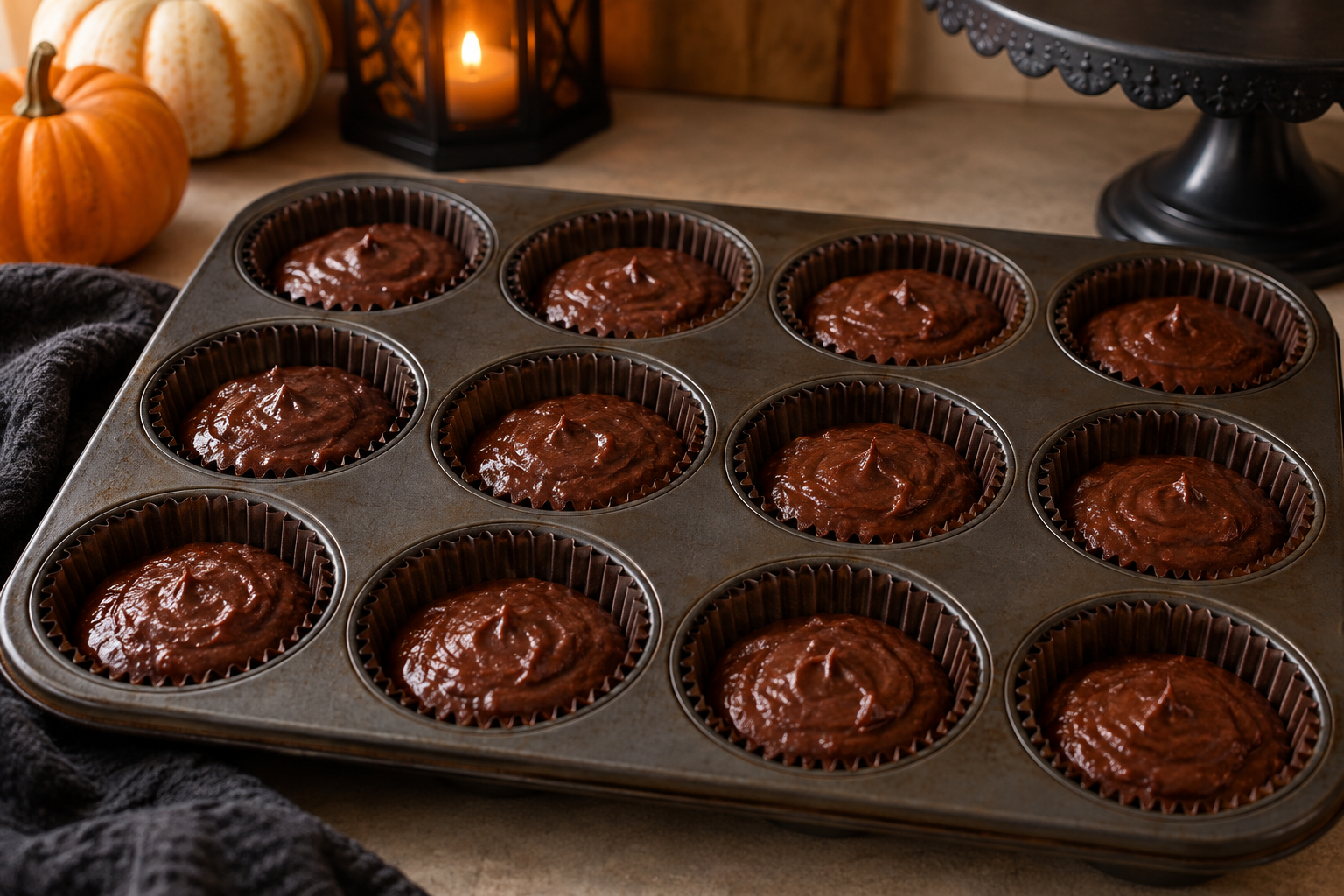 Chocolate cupcake batter portioned over graham bases before baking