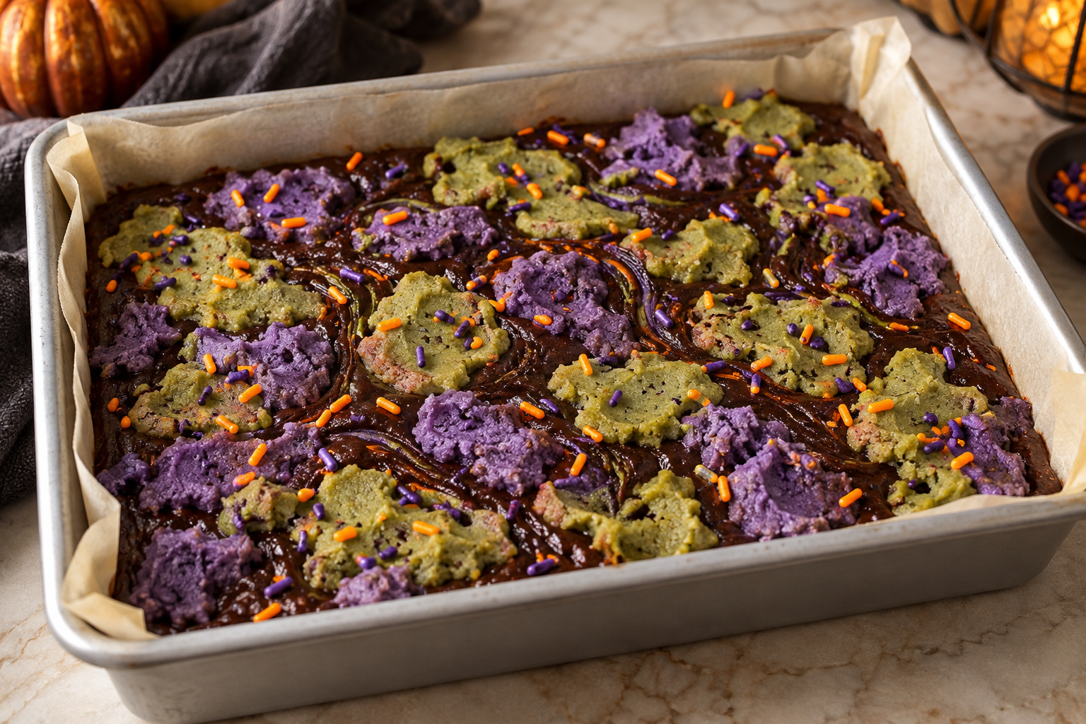 Purple and green cookie dough arranged over brownie batter