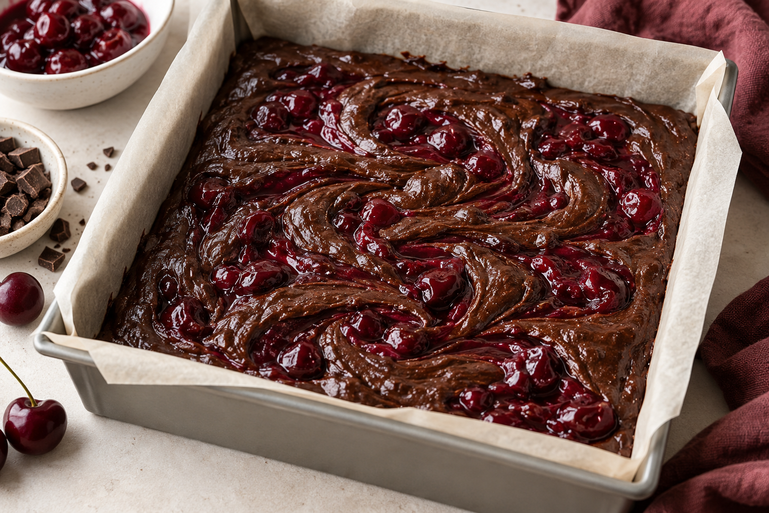 Black Forest brownie batter with a visible cherry swirl before baking.