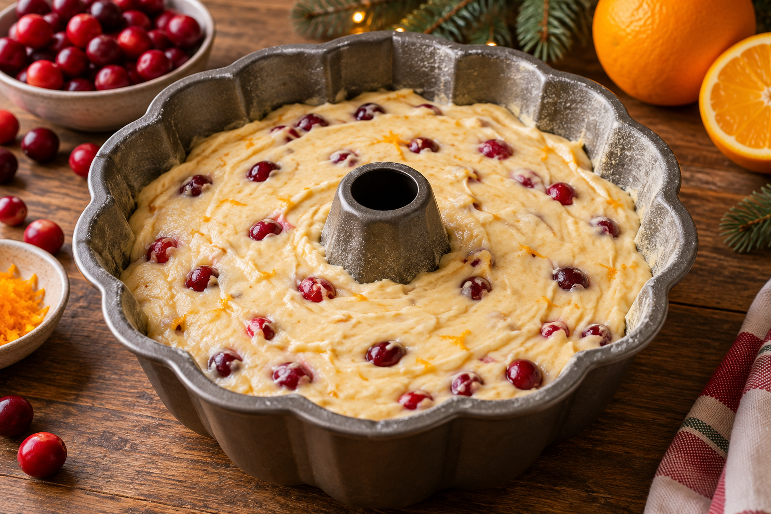 Cranberry orange cake batter leveled in a fluted Bundt pan before baking.