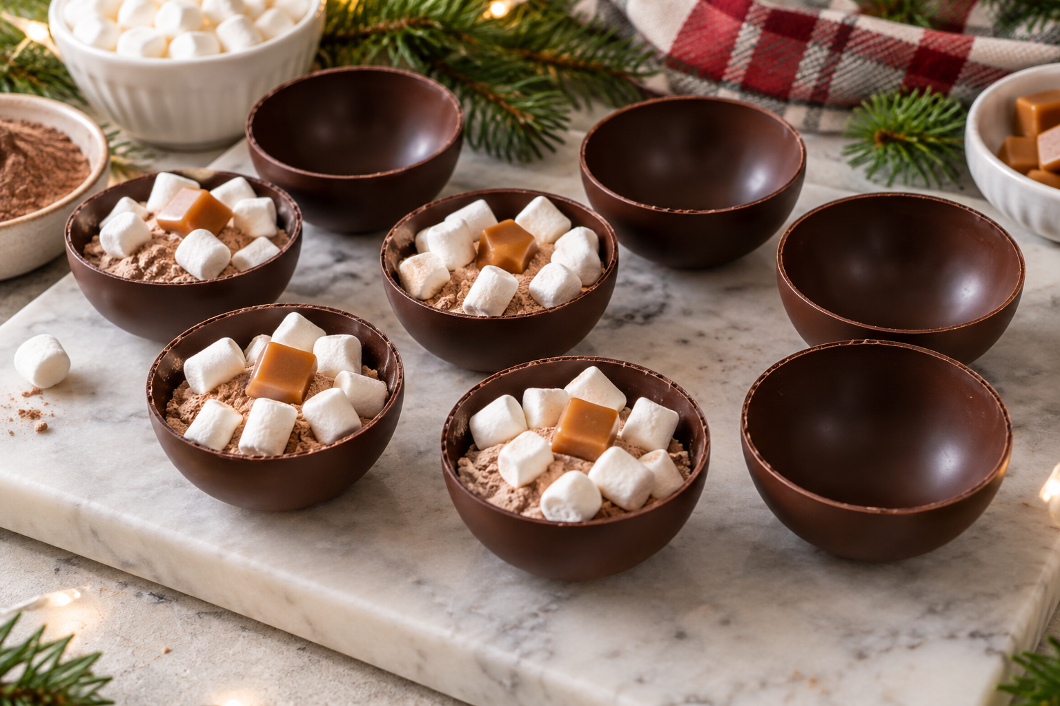 Hot chocolate bomb shells filled with cocoa mix, marshmallows, and caramel before sealing.