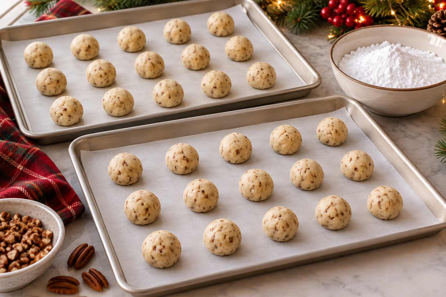 Round snowball cookie dough portions arranged on sheet pans before baking.