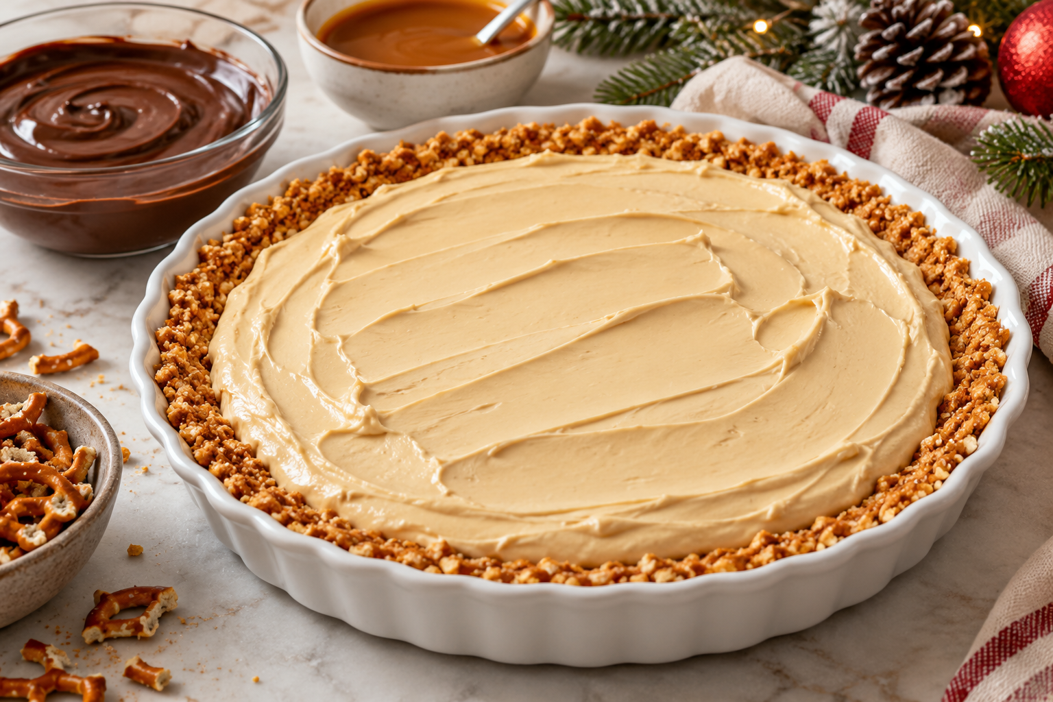 Salted caramel cream filling spread into the chilled pretzel crust.
