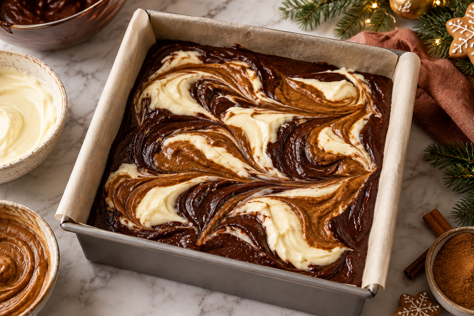 Gingerbread cheesecake brownie batter visibly marbled in the pan before baking.