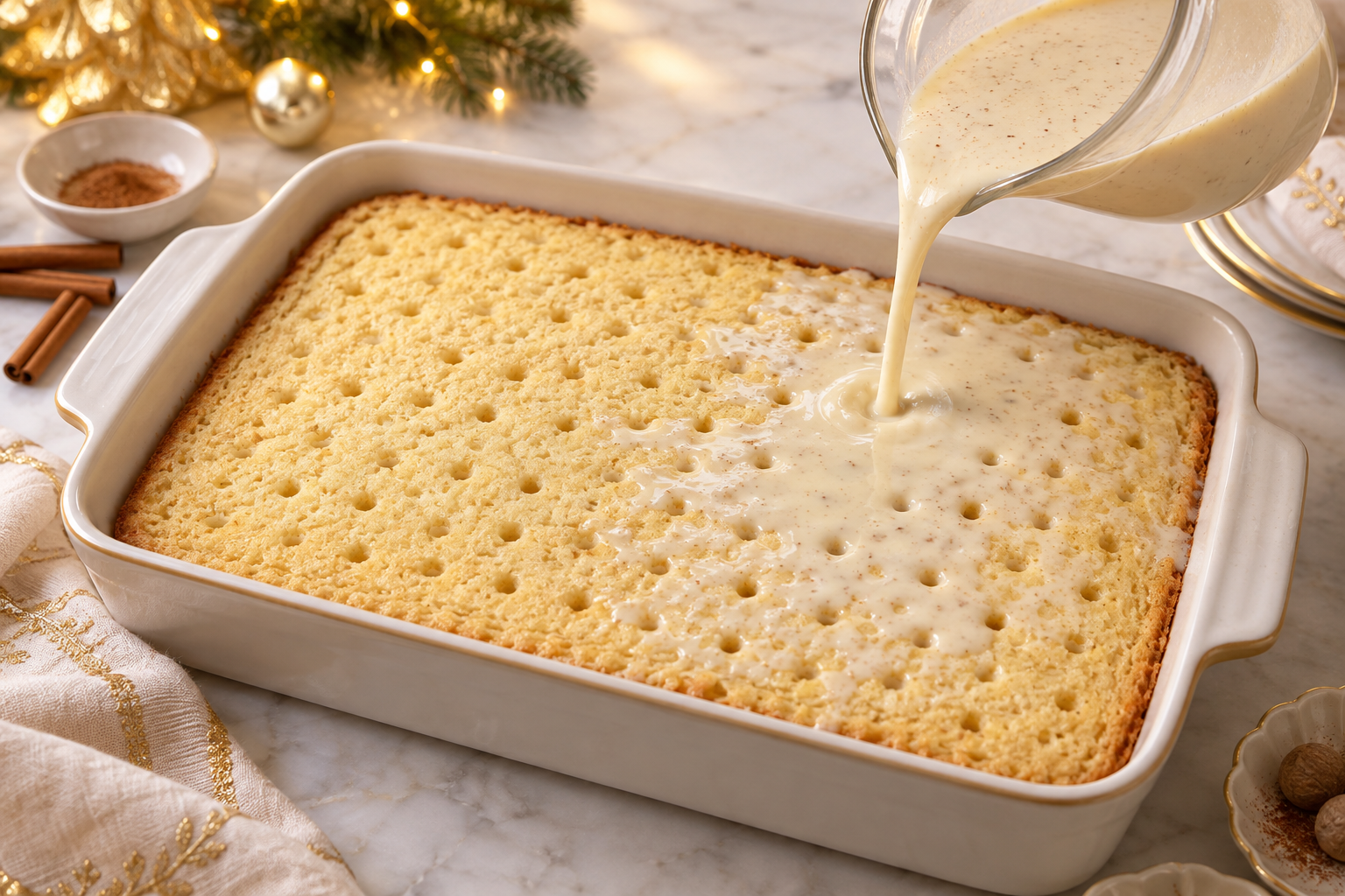 Eggnog milk soak being poured over evenly pierced vanilla sponge cake.