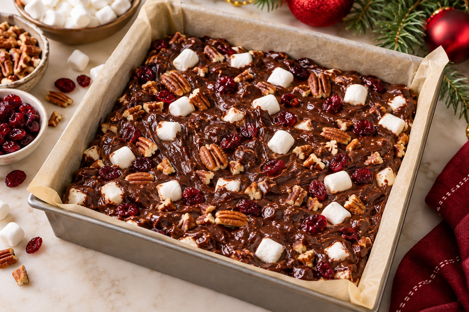 Christmas rocky road fudge pressed into the pan with visible marshmallows and cranberries.