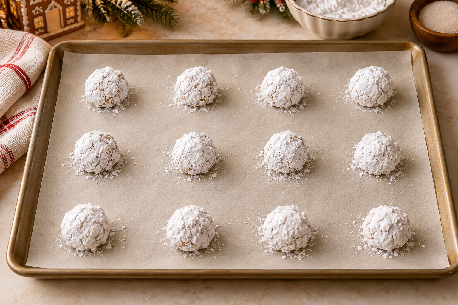 Heavily sugar-coated gingerbread crinkle cookie dough balls arranged before baking.