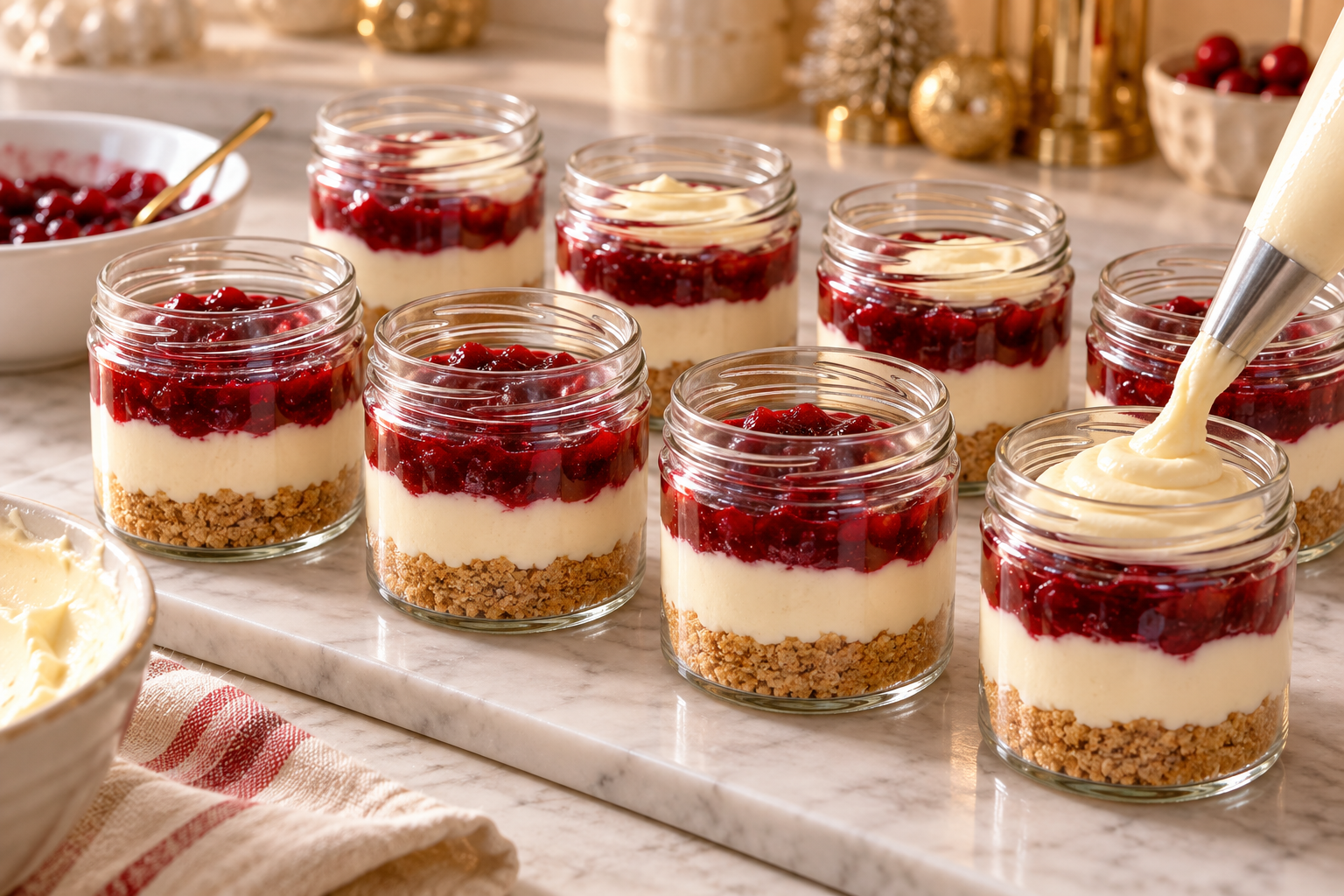 Cranberry white chocolate cheesecake jars being assembled in clean colored layers.