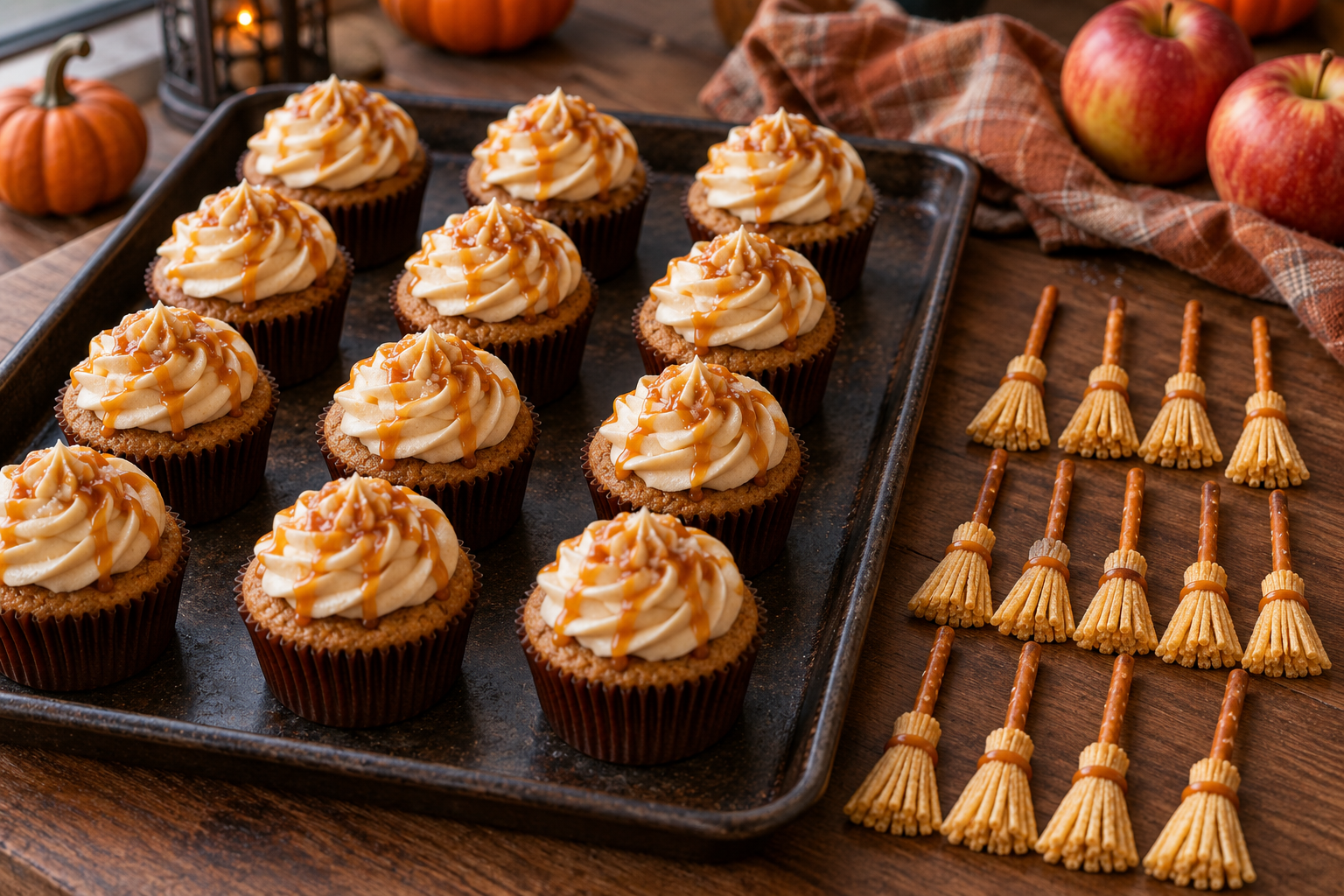 Caramel-frosted apple cupcakes beside edible broom toppers