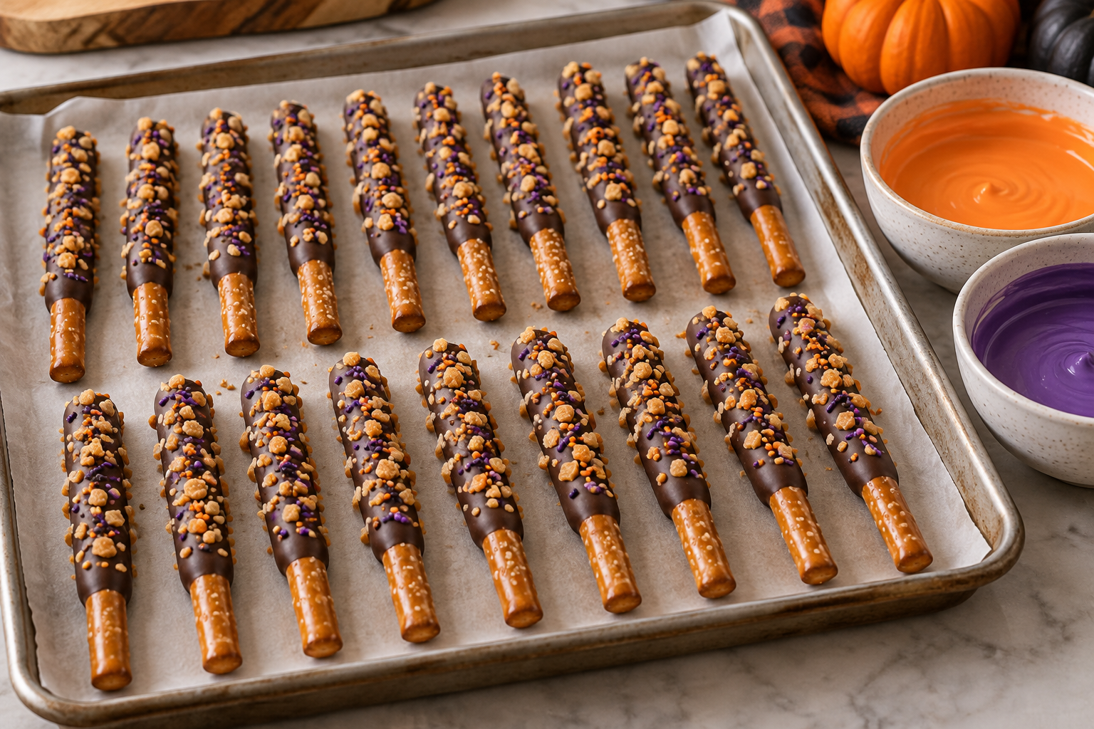 Dark chocolate dipped pretzel rods before colored drizzle