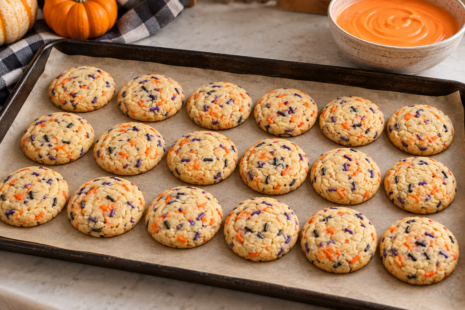Baked Halloween confetti cookies ready for orange glaze
