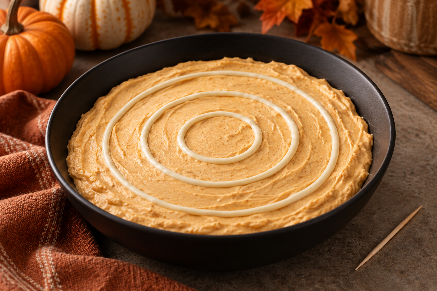 Pumpkin fluff dip with white chocolate circles before making the web