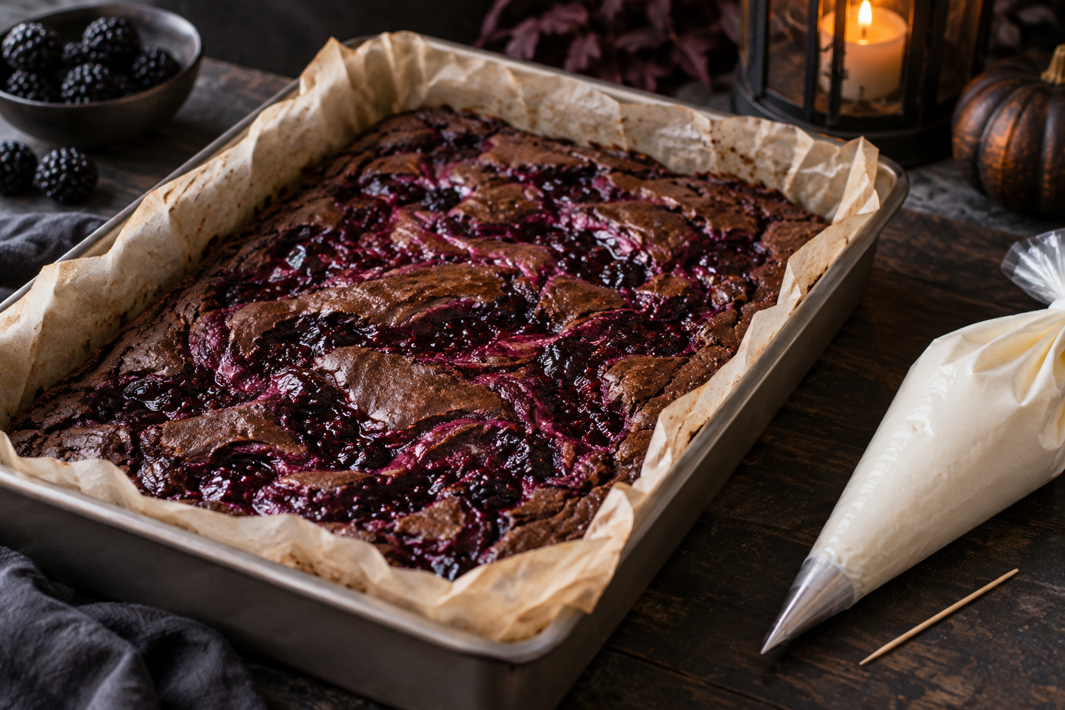Cooled blackberry brownies ready for marshmallow web decoration