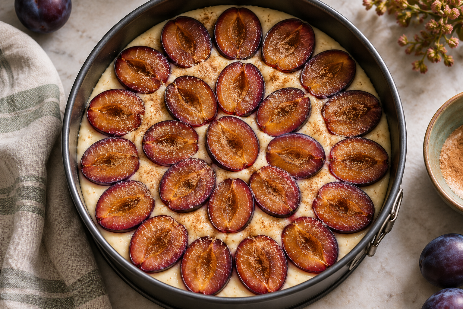 Plum halves arranged over torte batter before baking