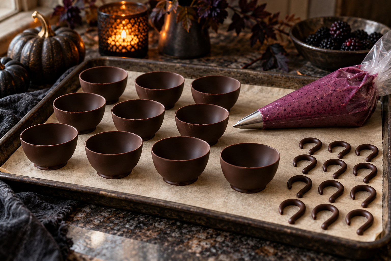 Dark chocolate cups ready for blackberry filling and handles