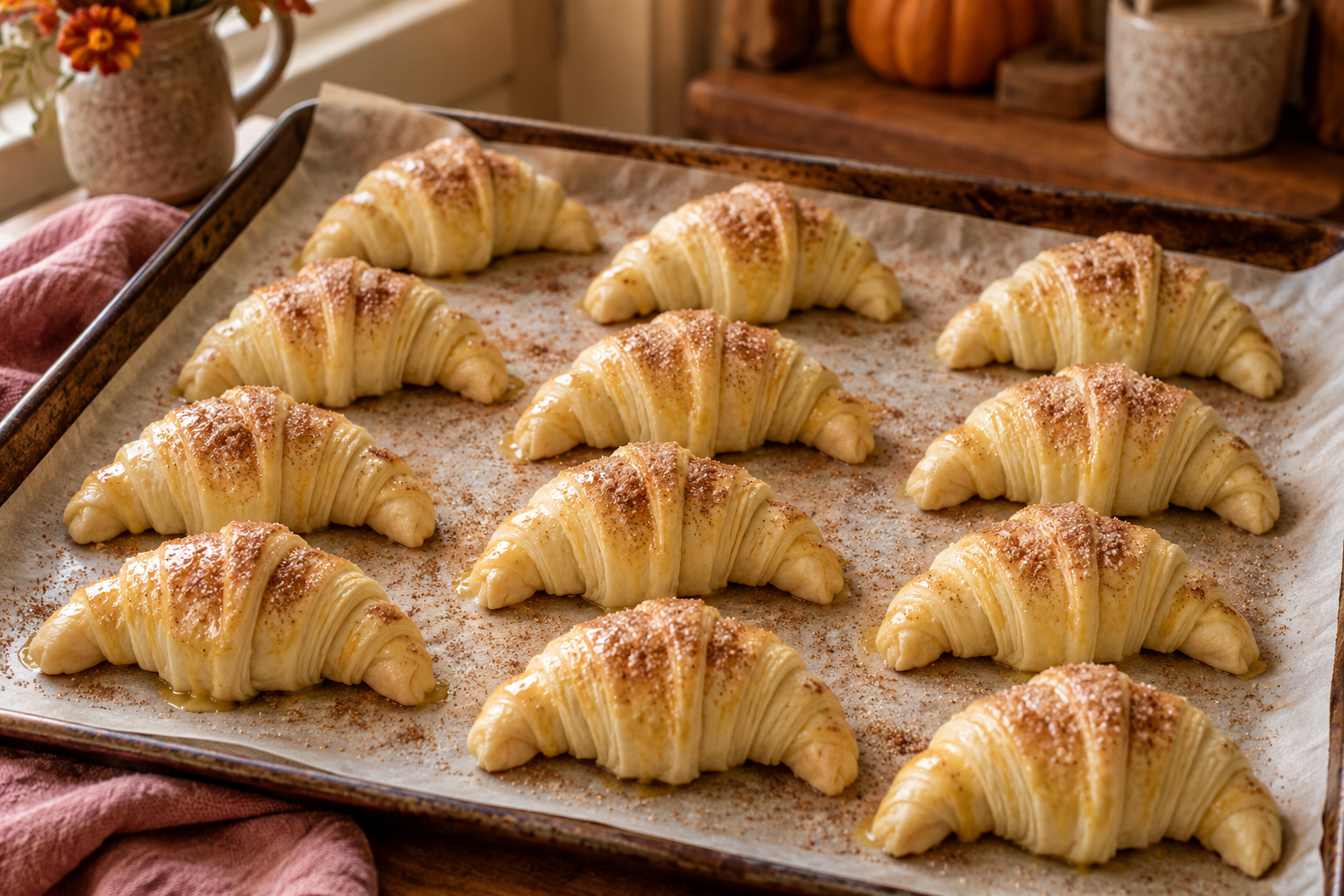 Shaped pumpkin cream cheese croissants ready for baking