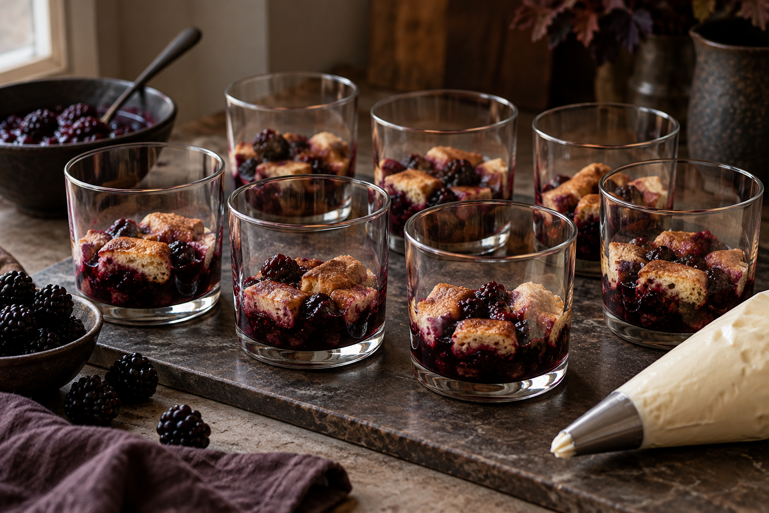 Clear cups with first blackberry tiramisu layers before mascarpone cream