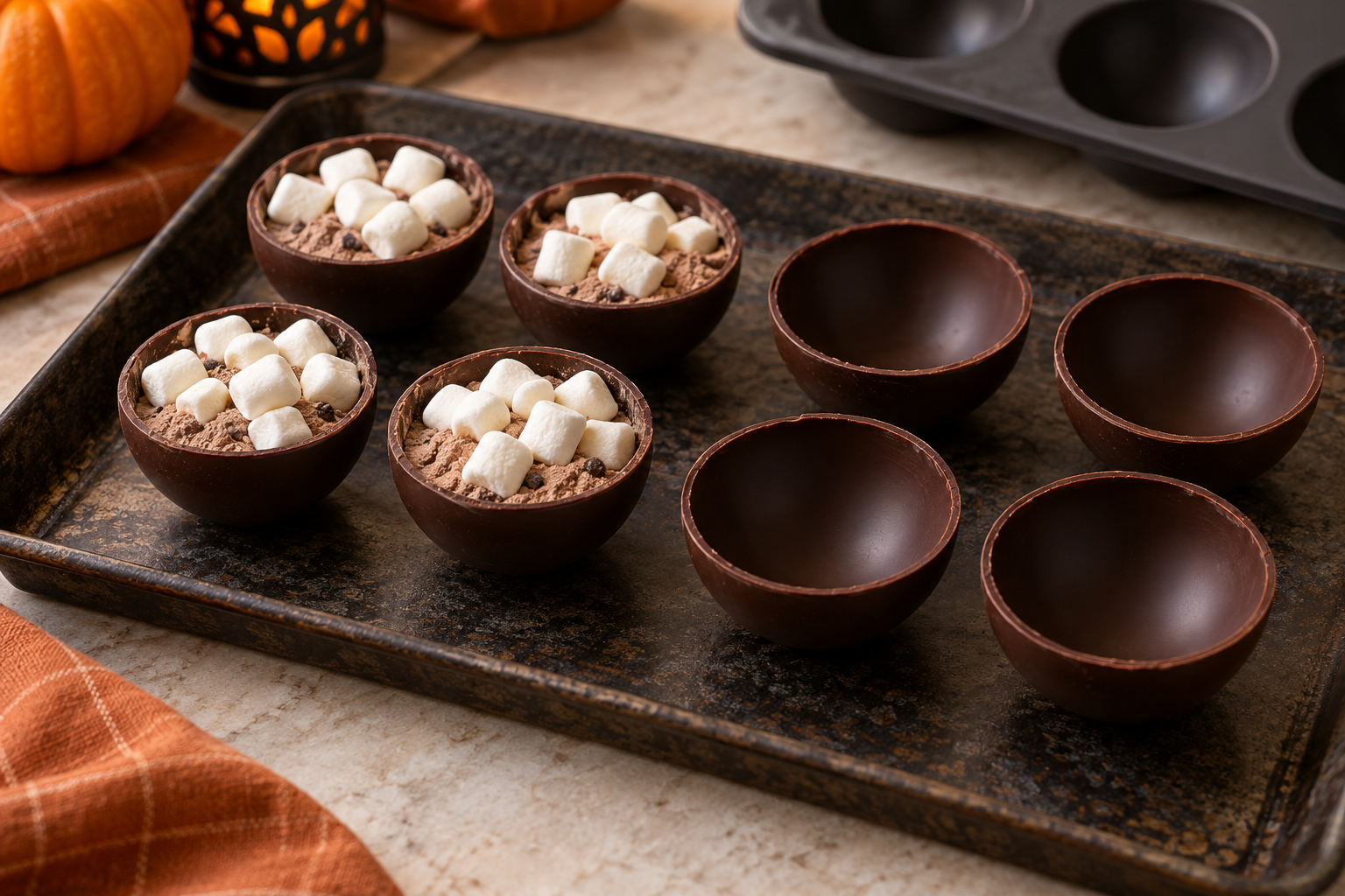 Chocolate shells filled with cocoa mix and mini marshmallows before sealing