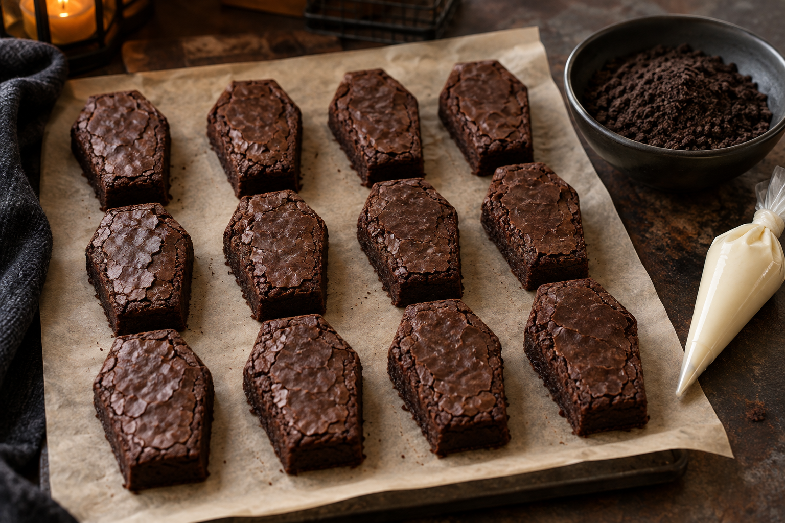 Plain coffin brownies ready for cookie crumbs and white chocolate detail