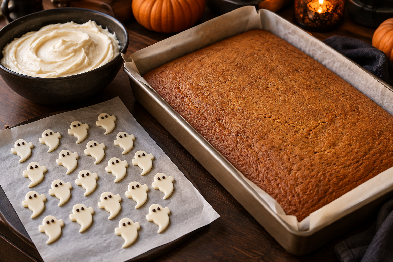 Cooled pumpkin cake with white chocolate ghost toppers ready for frosting