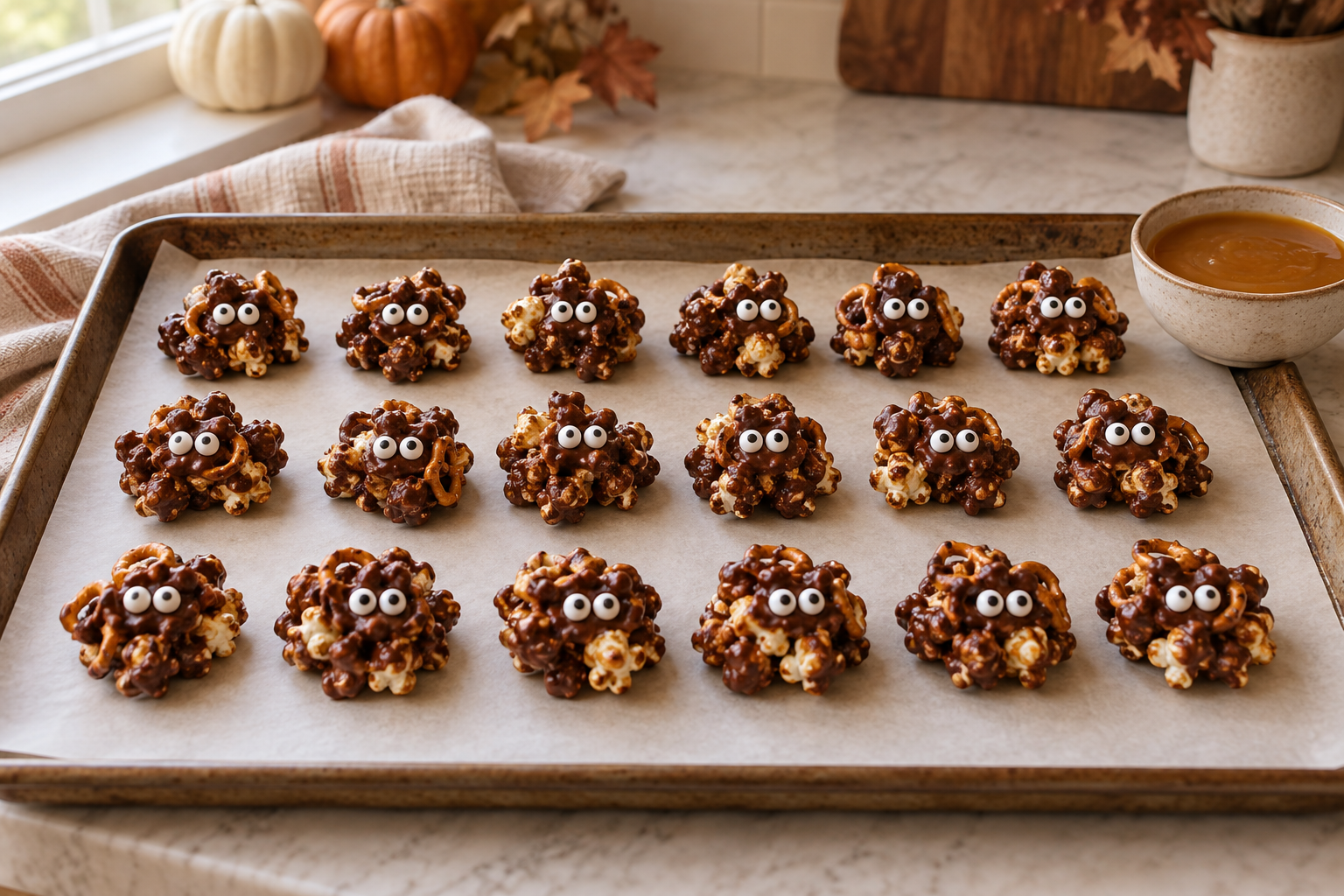 Chocolate popcorn clusters with candy eyes before caramel drizzle