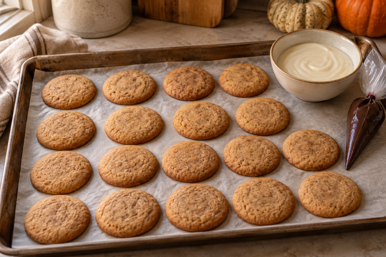 Baked apple butter cookies ready for vanilla ghost glaze
