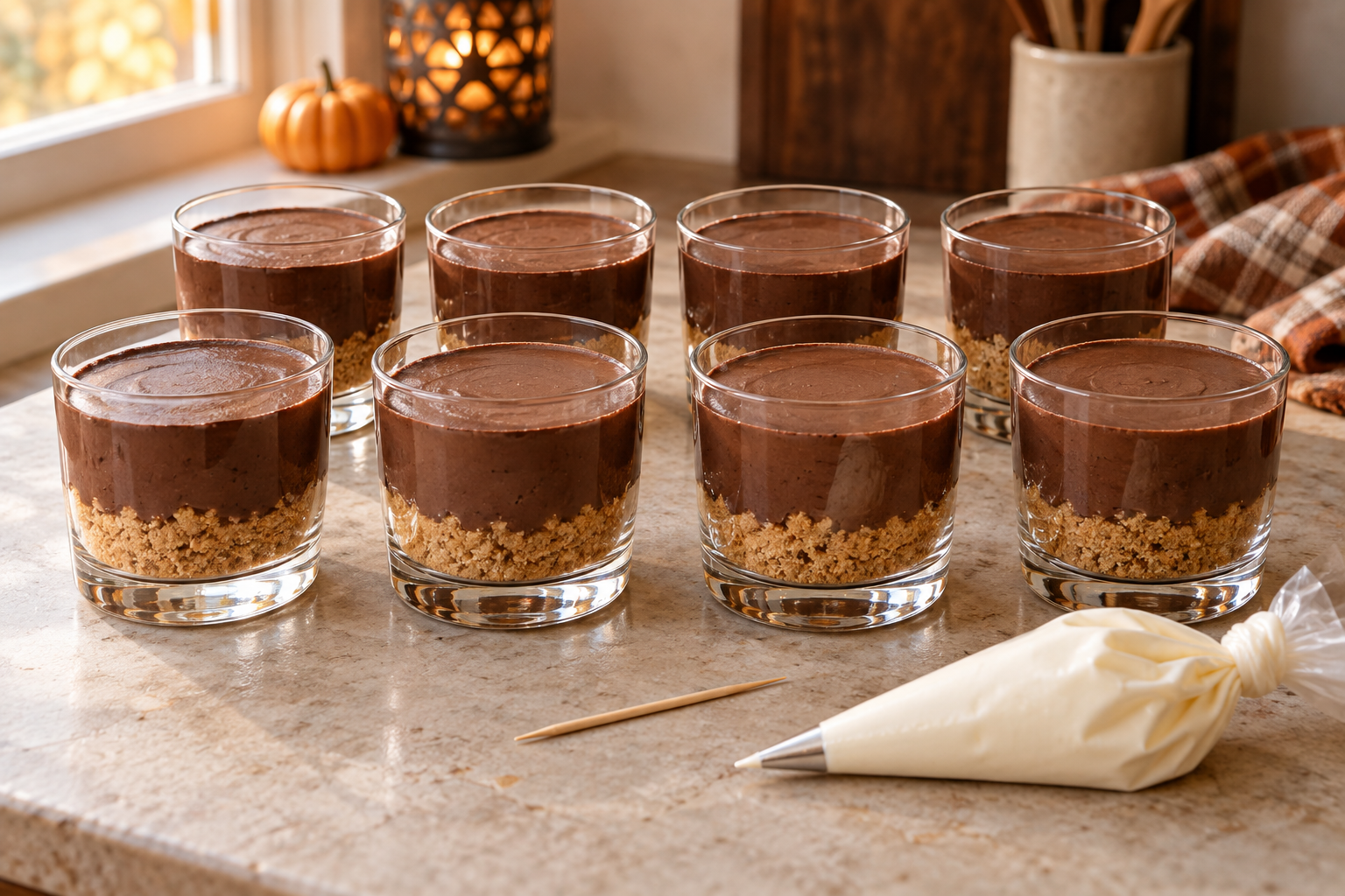 Layered s'mores cheesecake cups ready for marshmallow spiderwebs