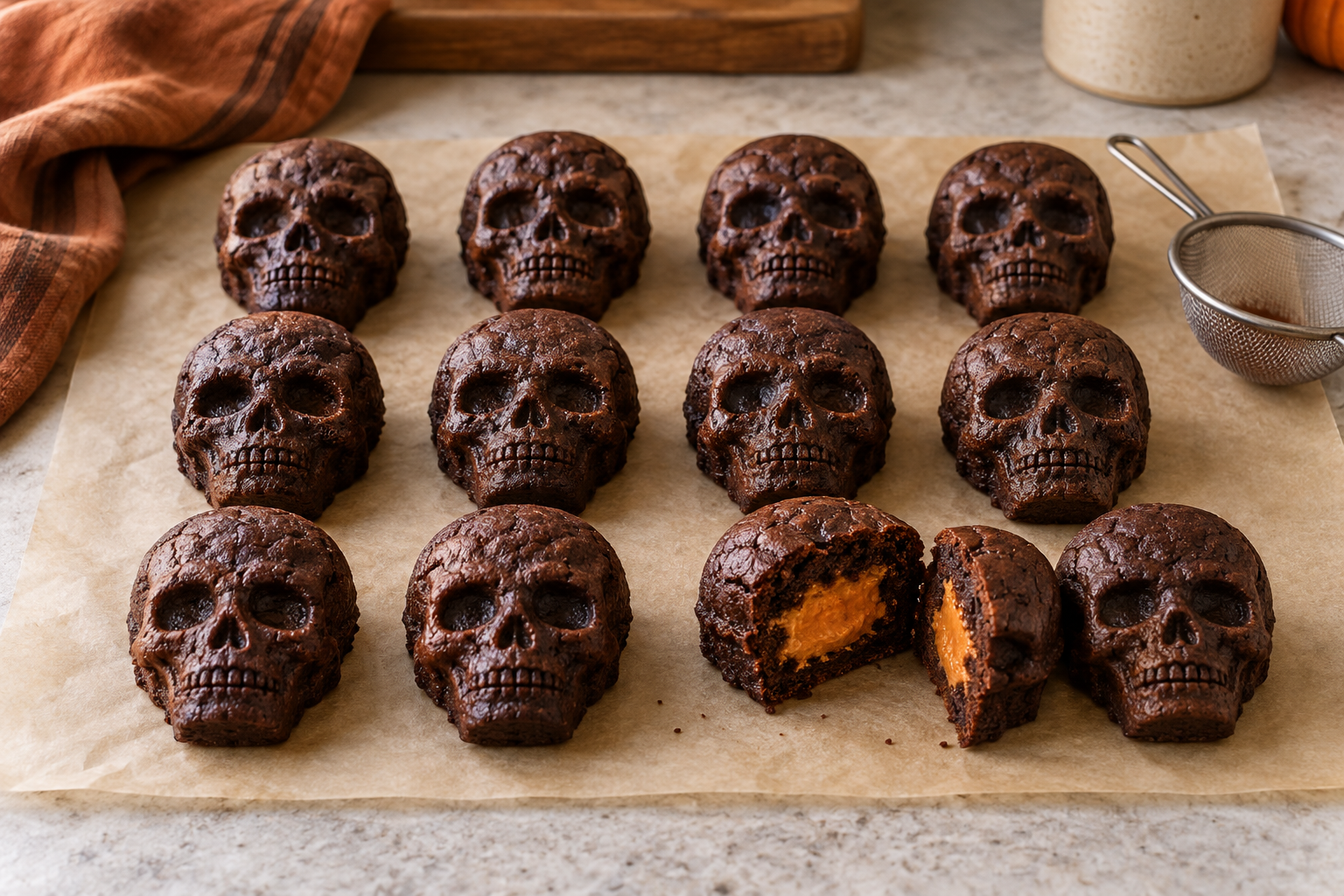 Baked pumpkin stuffed skull brownies ready for cocoa dusting