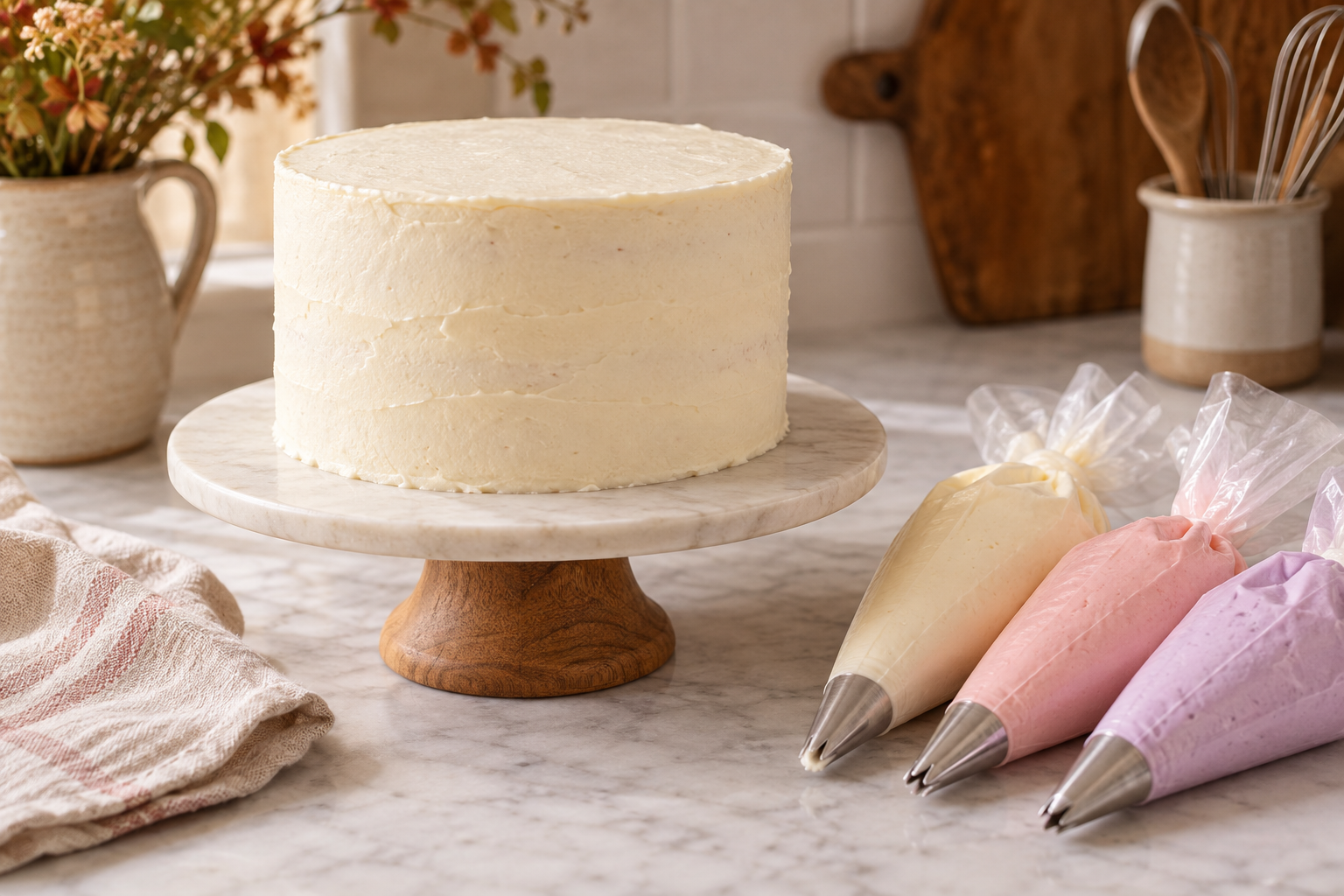 Ivory crumb-coated lunchbox cake ready for pastel vintage piping