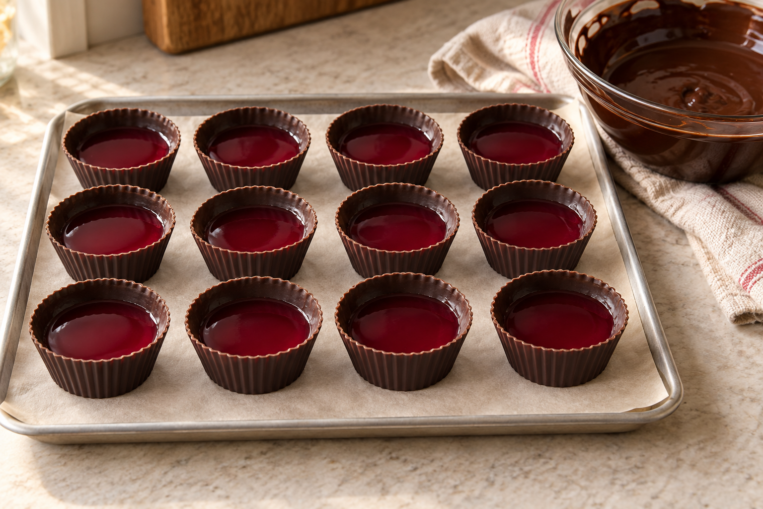 Chocolate cup shells filled with pomegranate center before sealing