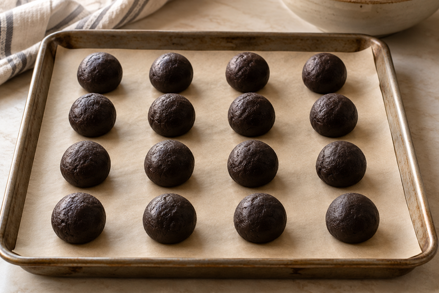 Sealed black cocoa cookie dough balls before baking