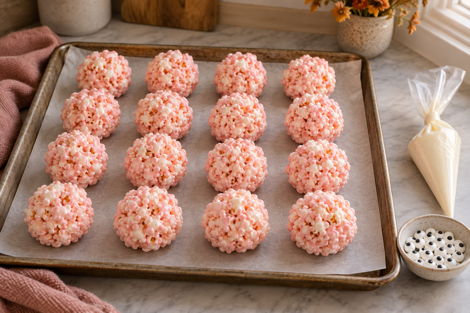 Shaped pink popcorn balls ready for chocolate drizzle and candy eyes