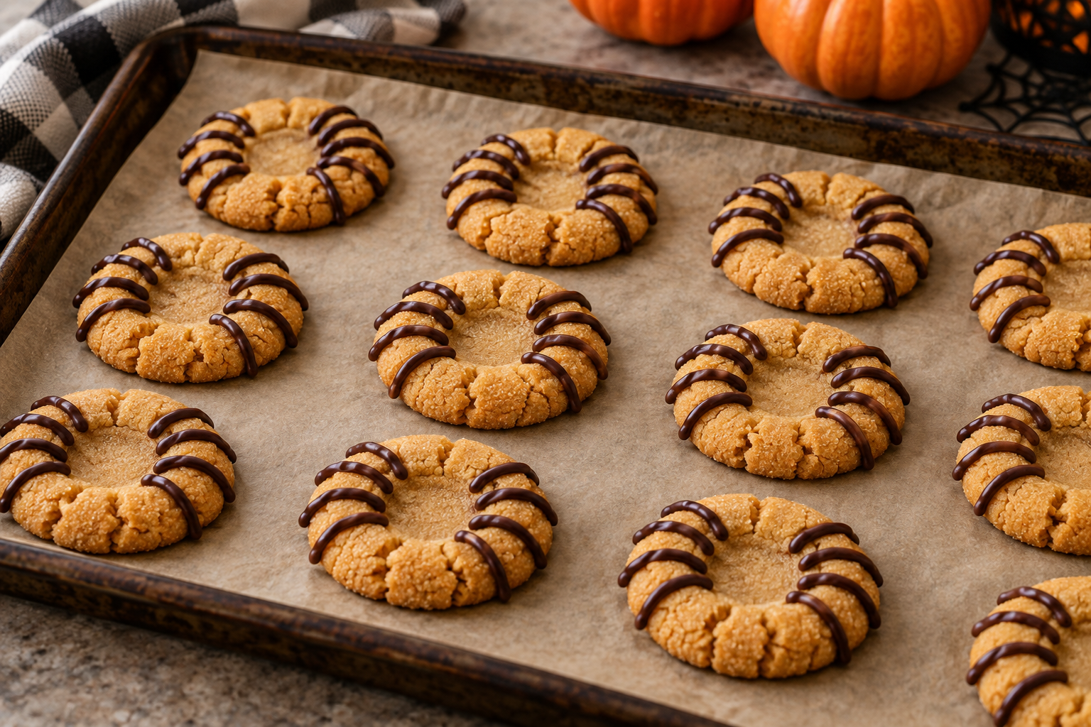 Baked peanut butter cookies with chocolate spider legs before adding truffle bodies