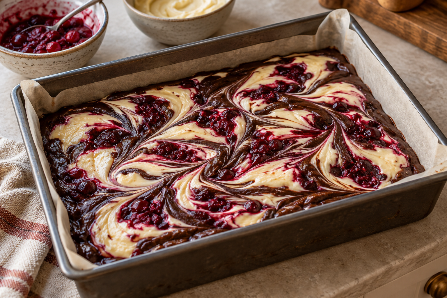 Cranberry orange cheesecake brownie batter swirled before baking