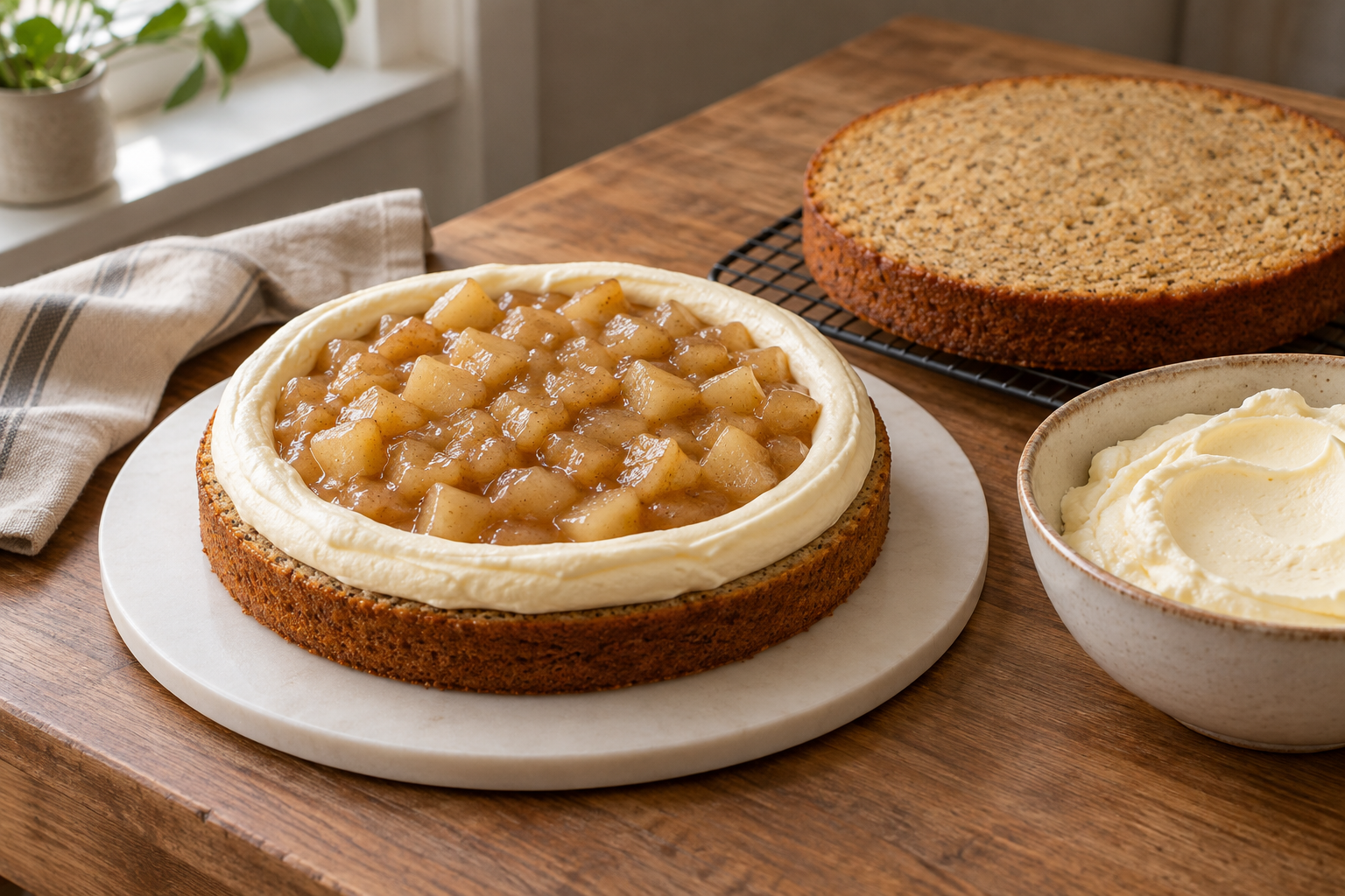 Pear filling inside a mascarpone cream dam during cake assembly