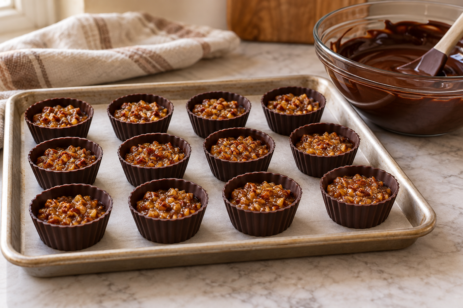 Chocolate cup shells filled with maple pecan praline before sealing