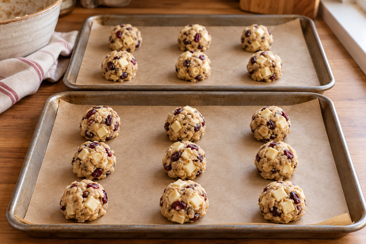 Portioned cranberry white chocolate cookie dough before baking