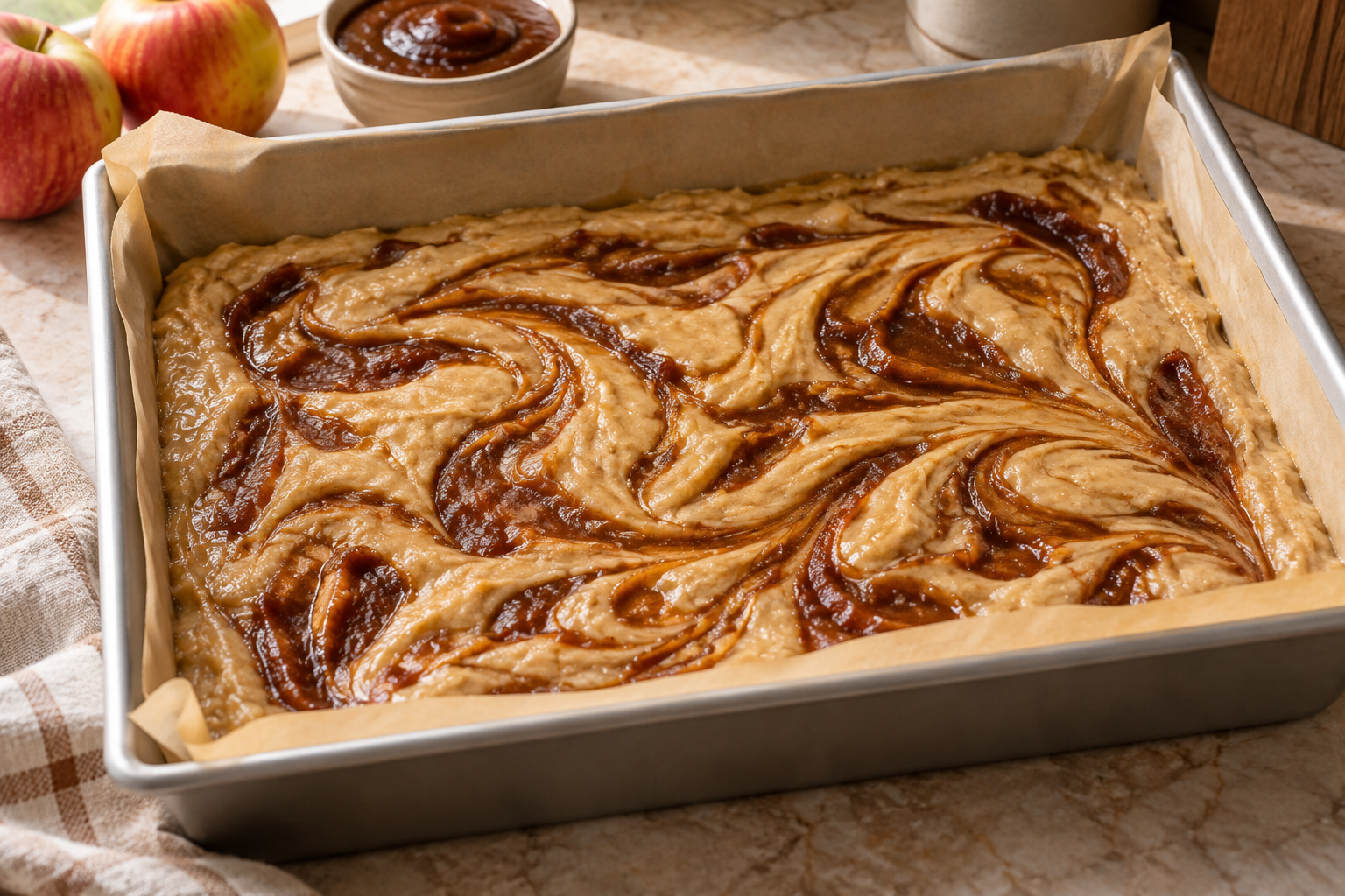 Apple butter blondie batter swirled before baking