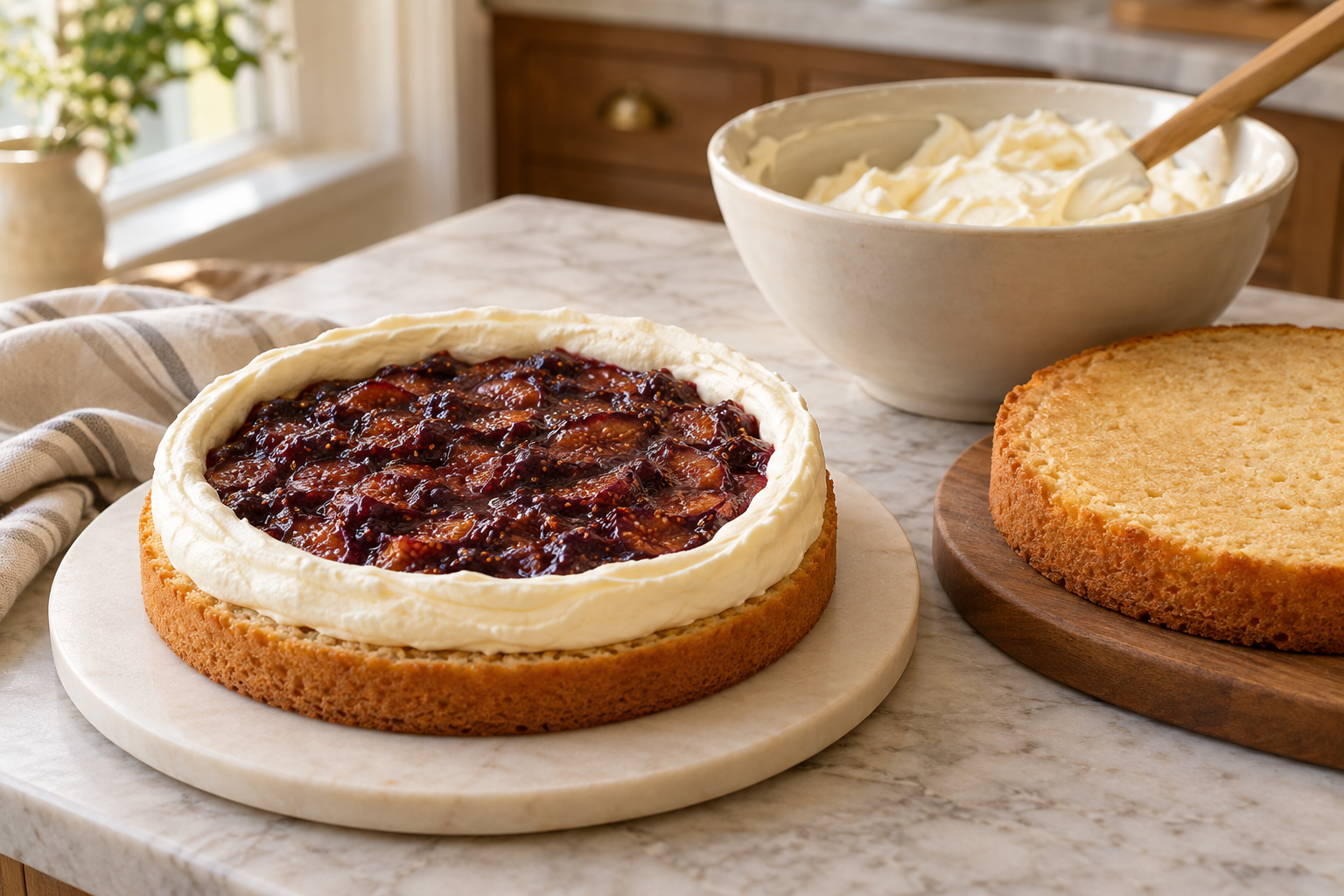 Fig compote inside a mascarpone cream dam during assembly