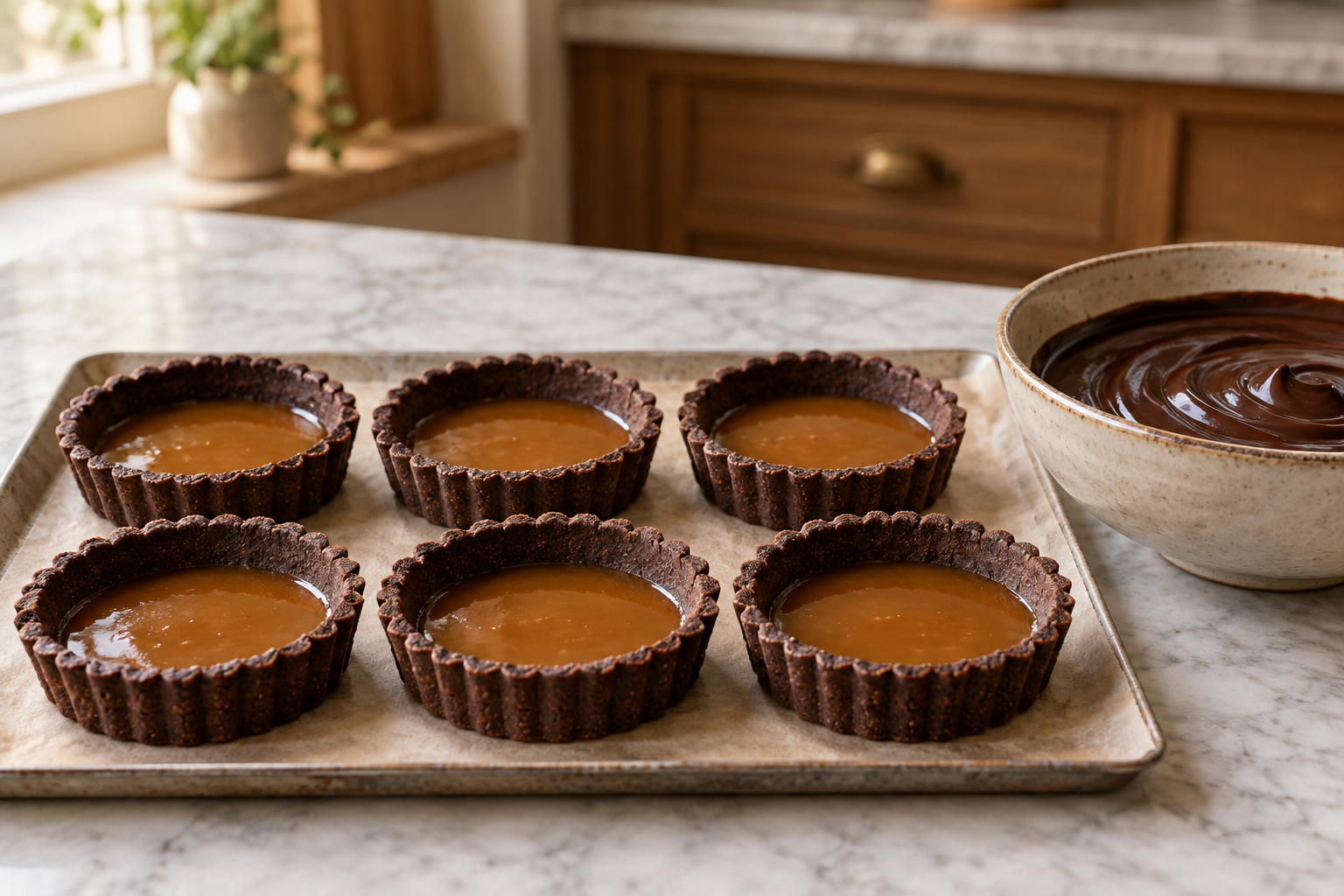 Tartlet shells filled with miso caramel before ganache