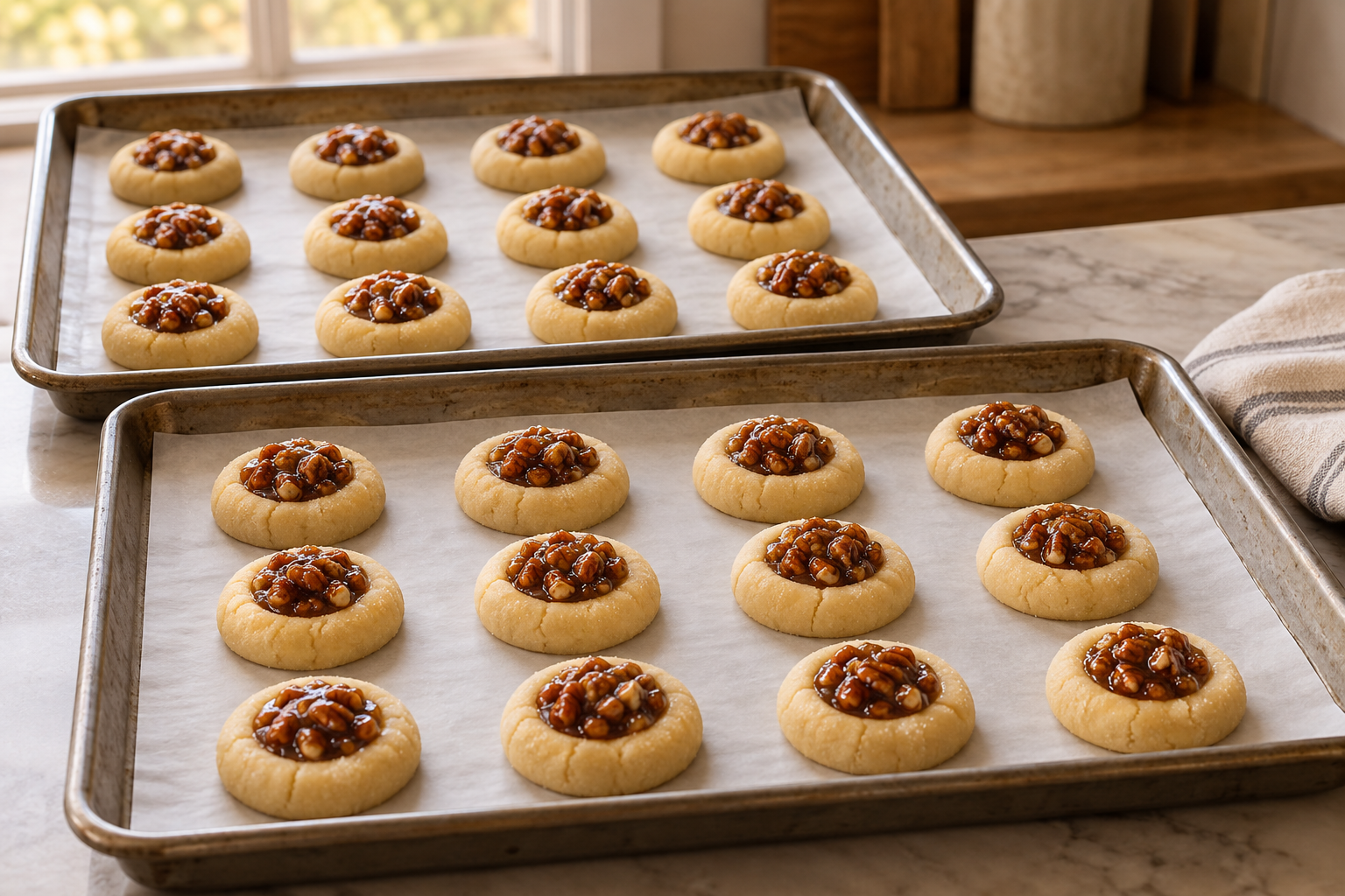 Maple pecan thumbprint cookies shaped before baking