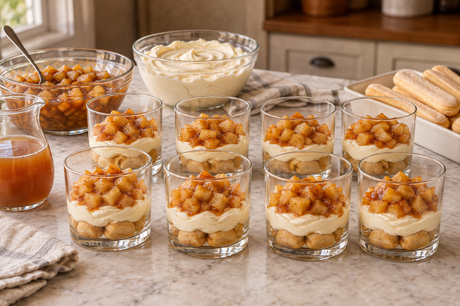 Apple cider tiramisu cups halfway through layering