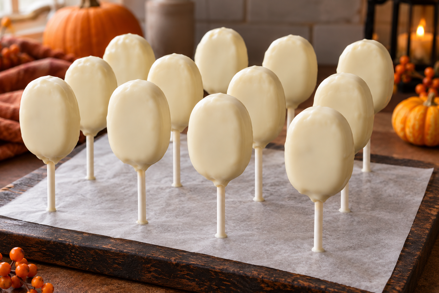 Chilled cheesecake pops dipped in plain white coating before decorating