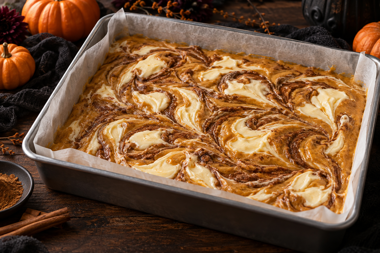 Halloween pumpkin cheesecake blondies marbled before baking