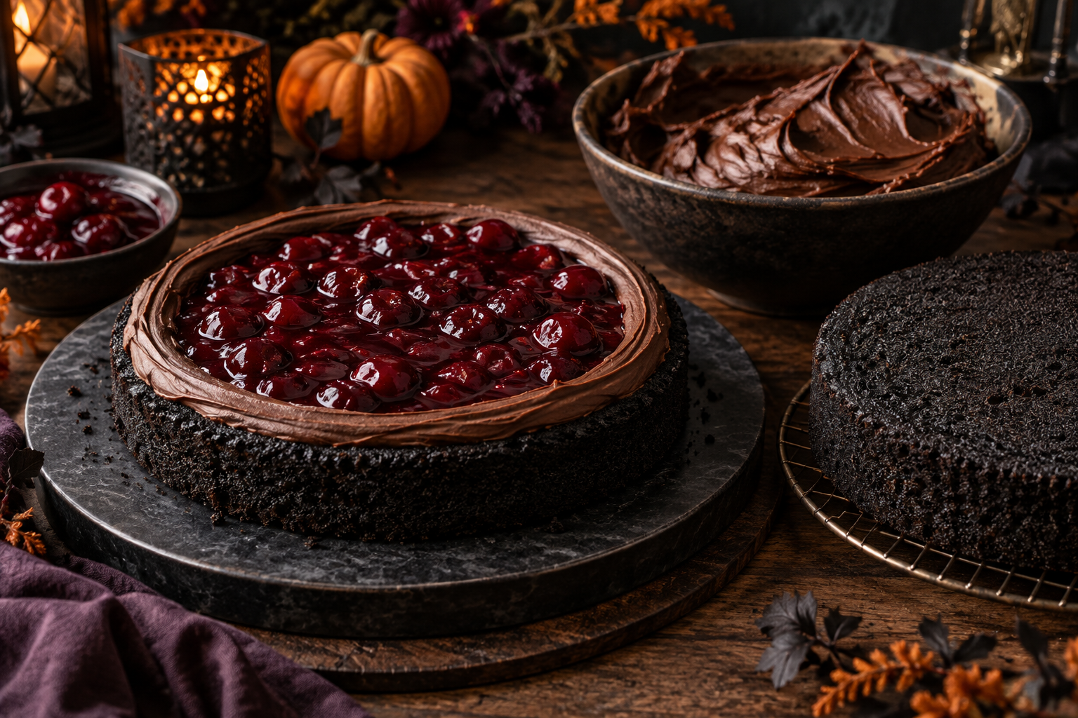 Black velvet Halloween cake being filled and assembled
