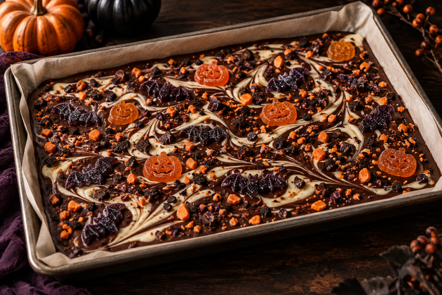 Halloween gummy chocolate bark setting on a parchment tray